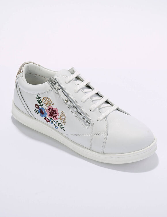 Baskets zippées en cuir brodées fleurs (blanc)  Baskets zippées en cuir brodées fleurs (blanc)